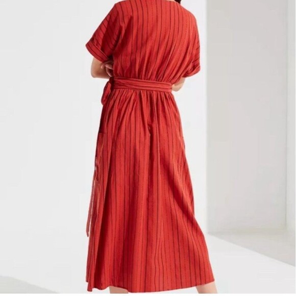 Urban Outfitters Women's Gabrielle Linen Midi Wrap Dress MED Burnt Orange Stripe - Picture 11 of 12